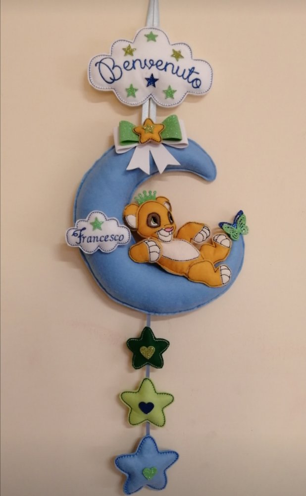 Fiocco nascita bimbo con leone Simba in pannolenci
