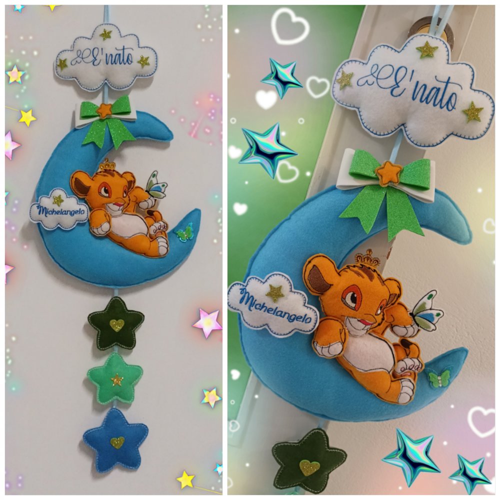 Fiocco nascita bimbo con leone Simba in pannolenci