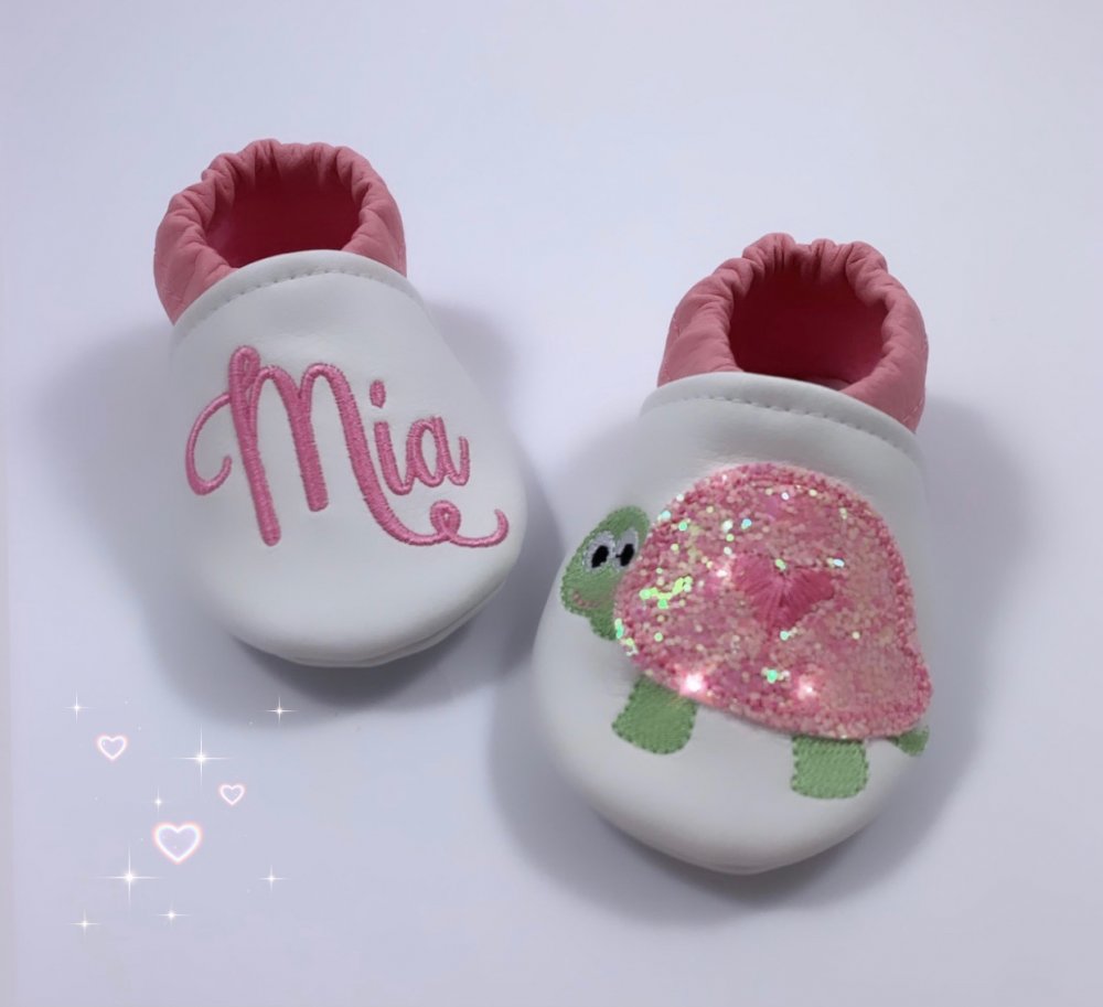 Scarpine ecopelle personalizzate con nome - Tartaruga glitter rosa  - 3/6 mesi