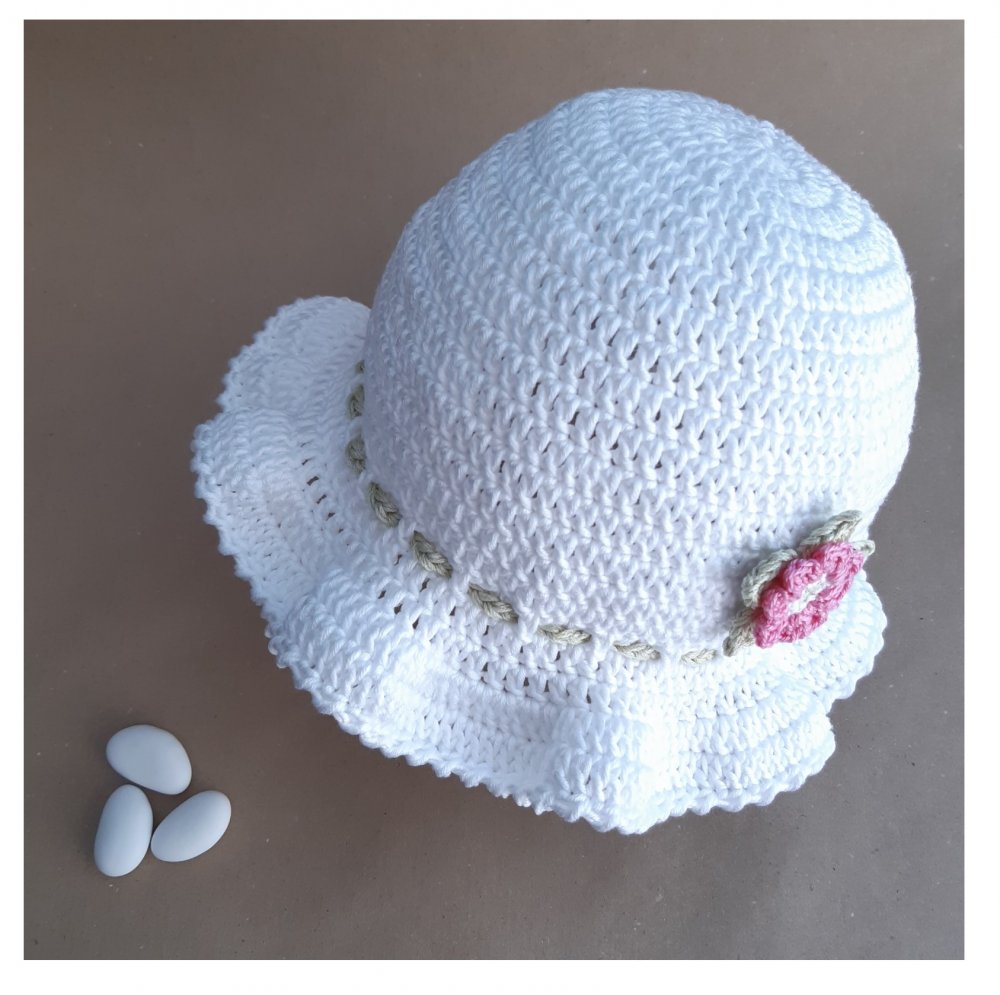 Cappello con balza bambina/neonata cotone bianco - fiori rosa - Battesimo