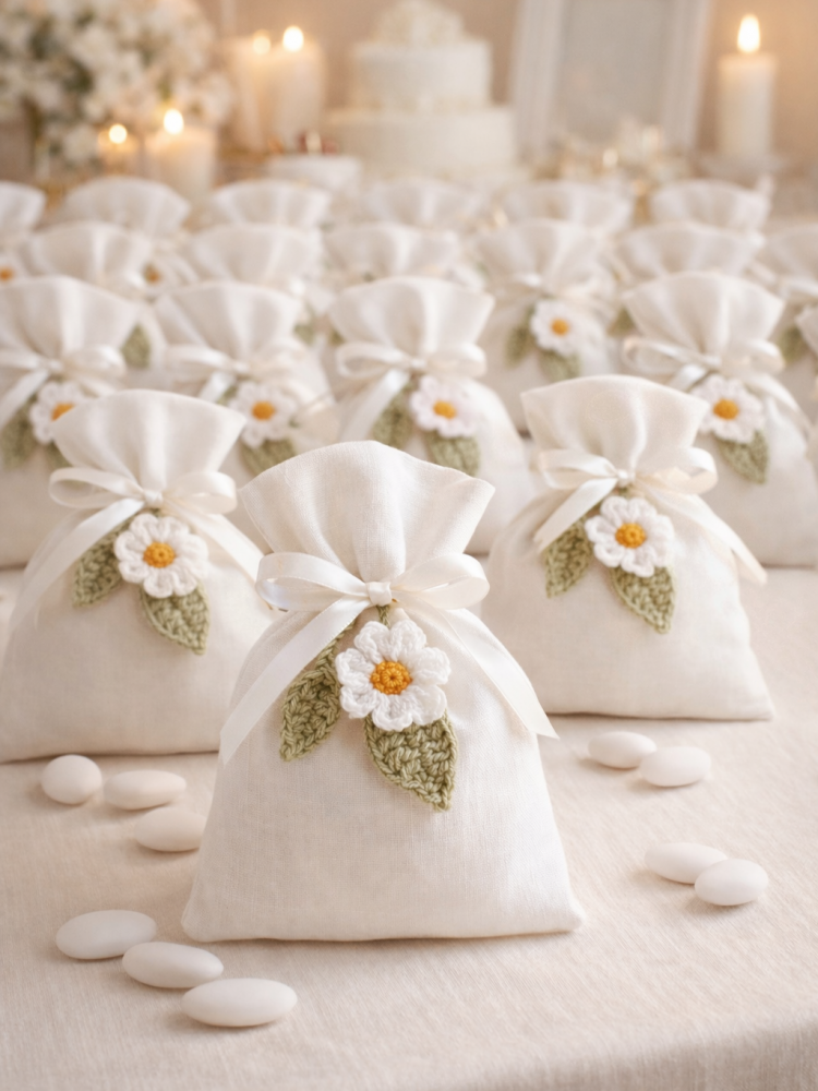 Sacchetto in puro lino per bomboniera Battesimo, Comunione, matrimonio, compleanno