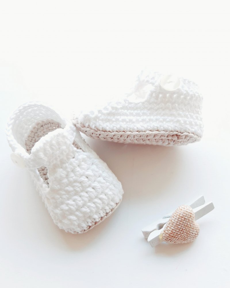 Scarpine neonato alla beb/cotone bianco/ecru  - fatte a mano - regalo nascita - Battesimo 