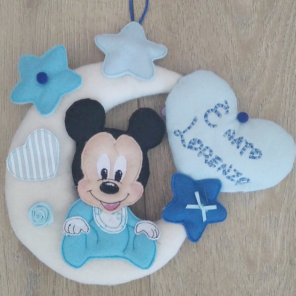 Fiocco nascita  azzurro blu personalizzato fatto a mano in pannolenci bimbo Topolino Mickey