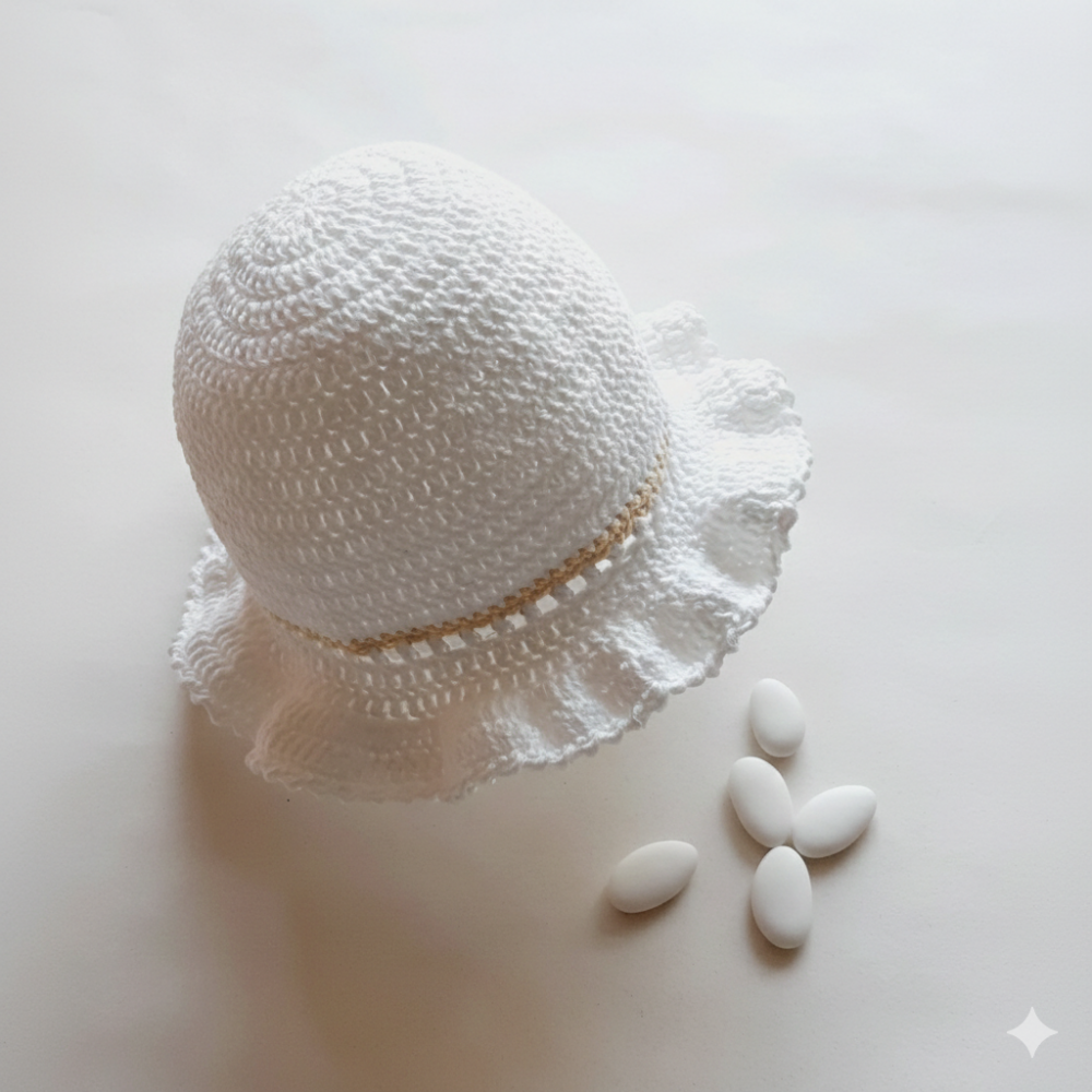Cappello con balza bambina/neonata cotone bianco - lino ecru - Battesimo - Nicole