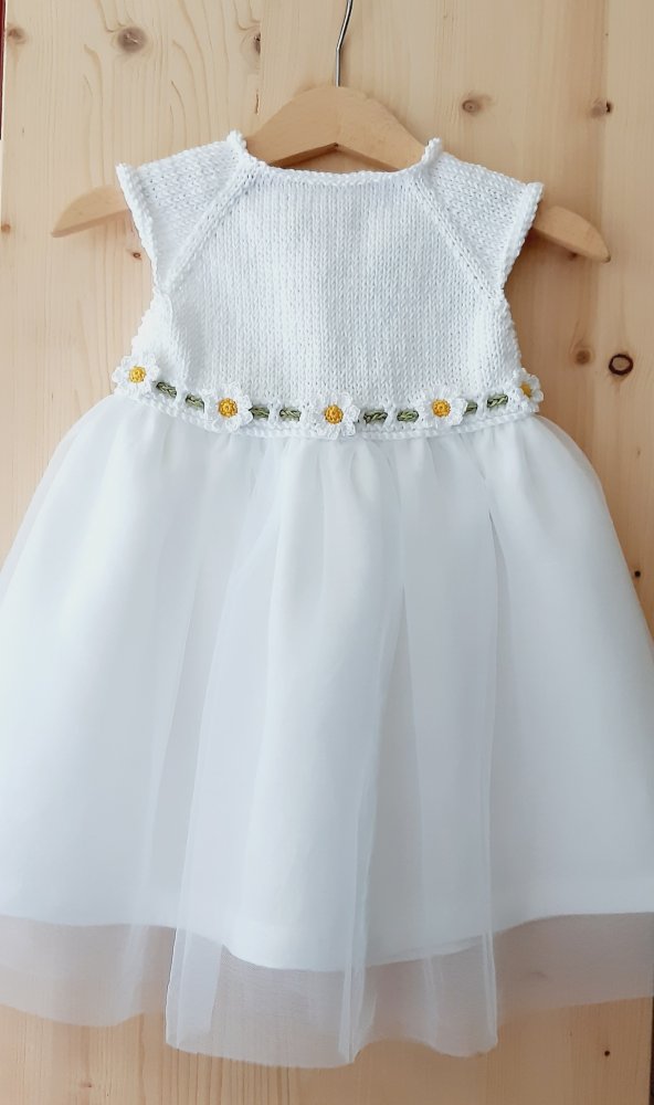 Abito bambina - cotone/lino/tulle bianco- margherite uncinetto - vestito Battesimo - manica corta - Daisy