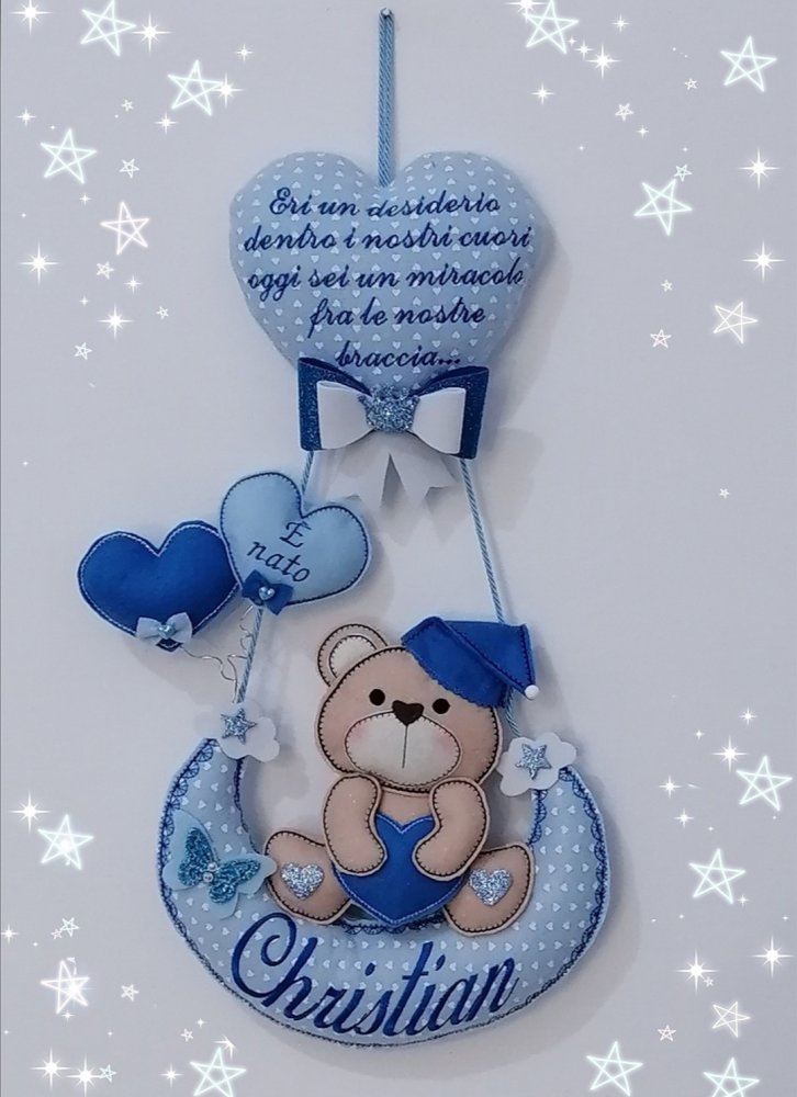 Fiocco nascita  luna con orso baby e dedica nel cuore