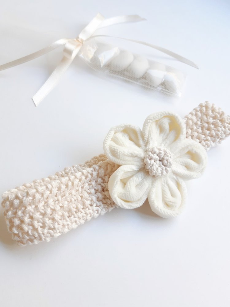 Fascetta capelli neonata/ bambina - cotone avorio e fiore in velluto - Battesimo - Arianna
