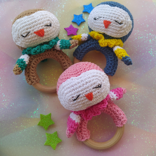 Anello dentizione gufetto, Sonaglino baby, Teether Ring crochet, Anello dentizione bambini