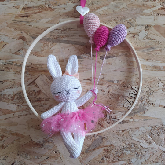 Fiocco nascita neonata uncinetto, Decorazione stanza bambina, Coniglio uncinetto, Coniglietto con palloncini uncinetto baby