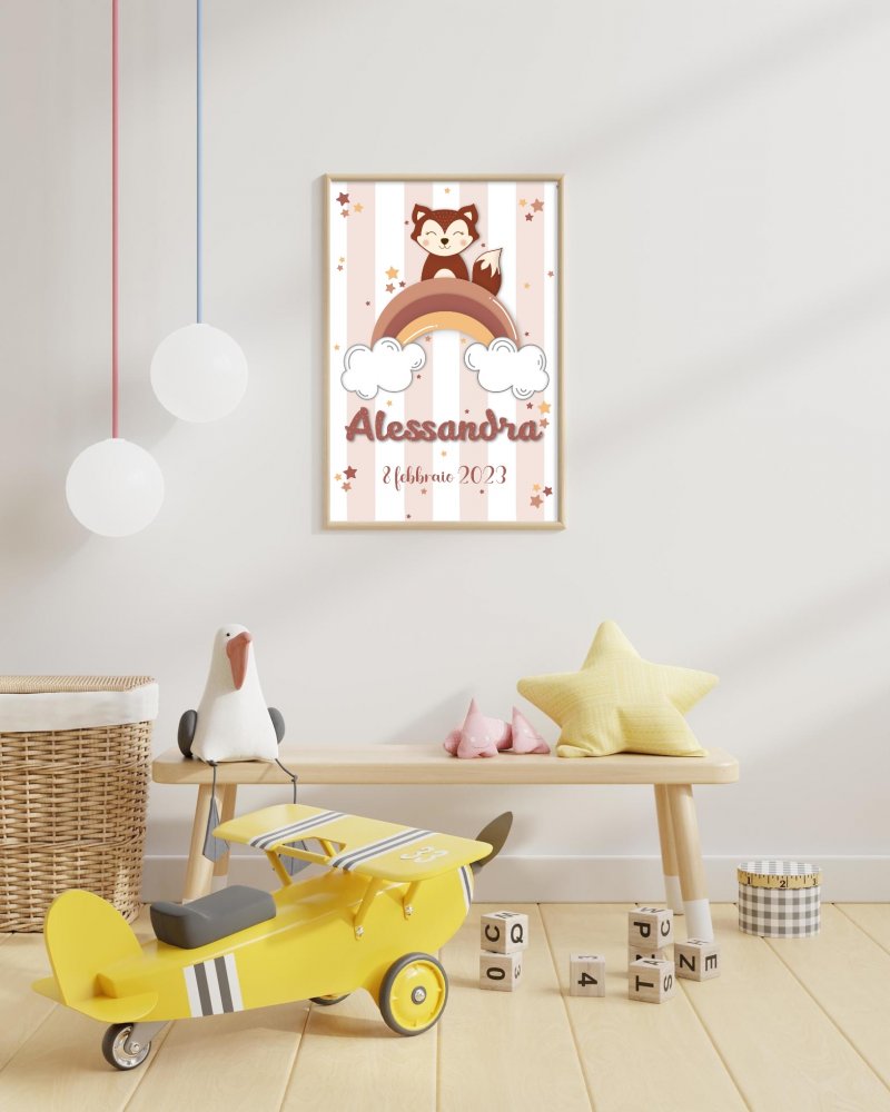 Quadretto cameretta con volpina, quadretto cameretta, illustrazione per la cameretta con volpe e arcobaleno, poster cameretta bimba con volpina