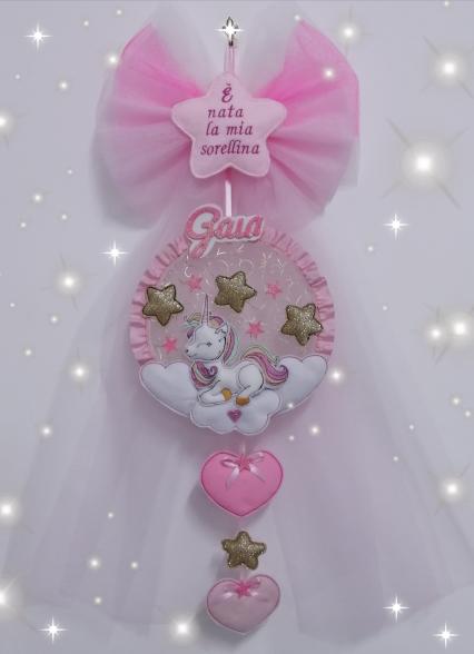 Fiocco nascita tulle  unicorno e stelle pendenti. 