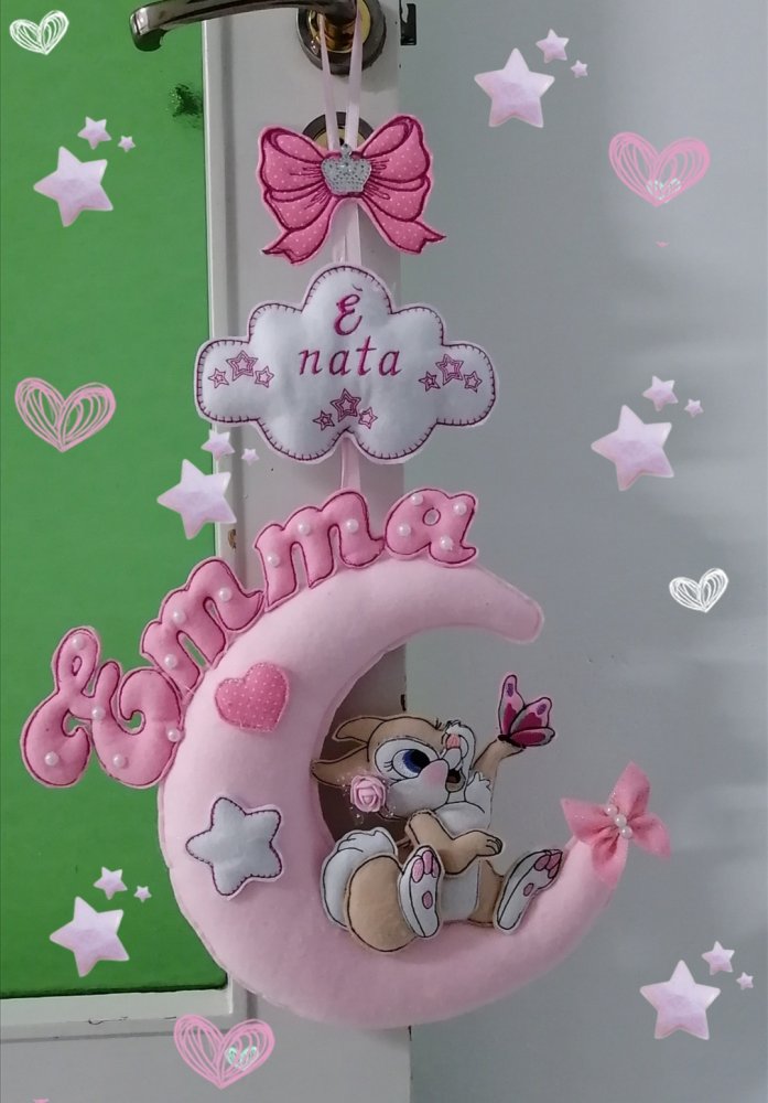 Fiocco nascita rosa con  coniglietto tippete. 