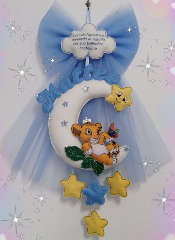 Fiocco nascita Simba realizzato  in tulle e pannolenci 