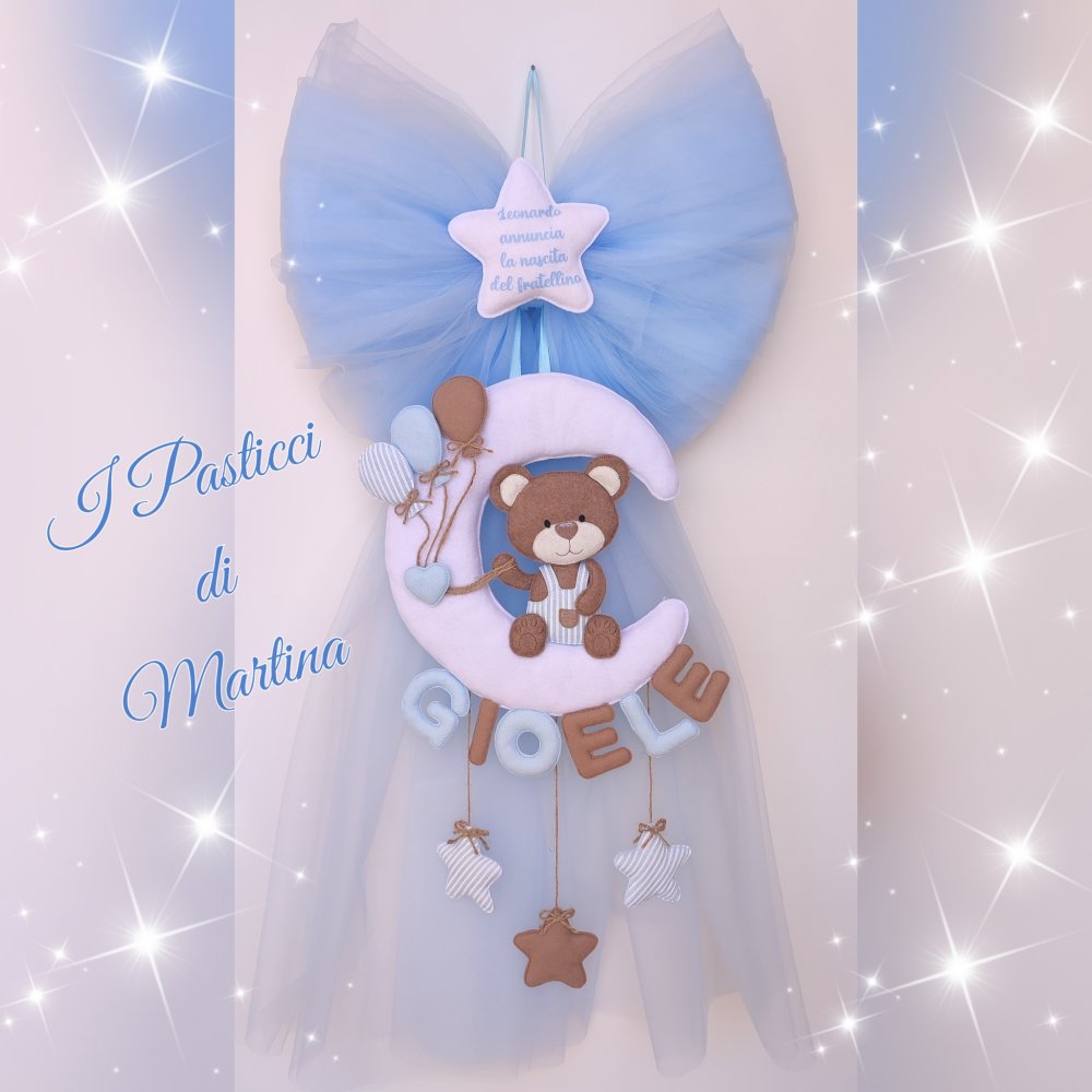 Fiocco tulle con orsetto su luna e palloncini 