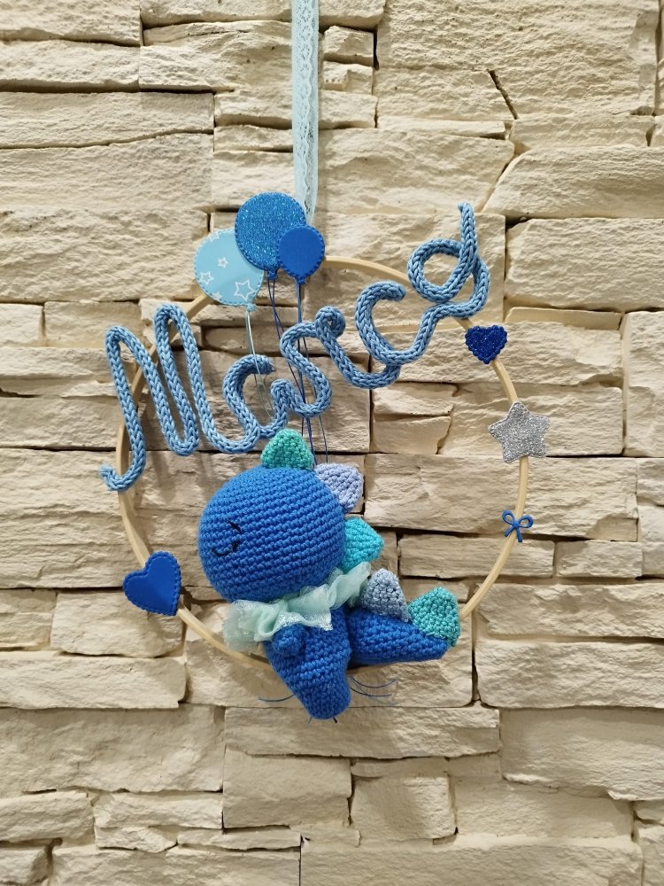 Fiocco nascita draghetto uncinetto, Nome tricotin, Decorazione stanza bambino, Draghetto e palloncini, Fiocco nascita neonato personalizzabile 
