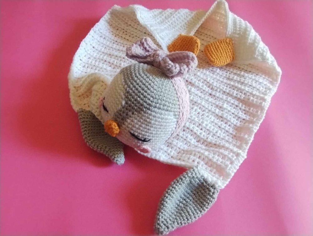 Doudou amigurumi, Copertina neonata uncinetto, Copertina pinguino con Fiocco, Lovey Blanket baby