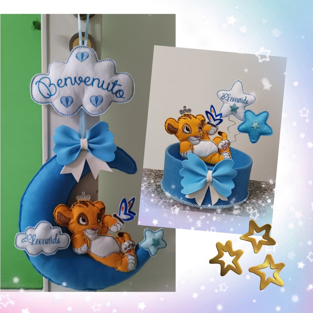 Fiocco nascita i Simba  n coordinato al cestino  per confetti e dolcini