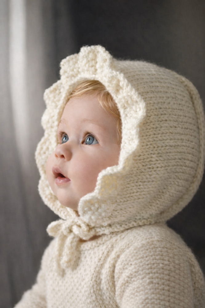 Cappello cuffia cuffietta bambina in lana merino color panna - Anastasia - Battesimo