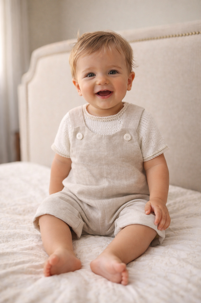 Completo Battesimo neonato/bambino - salopette lino e maglietta cotone - bianco/ecr� - Samuele