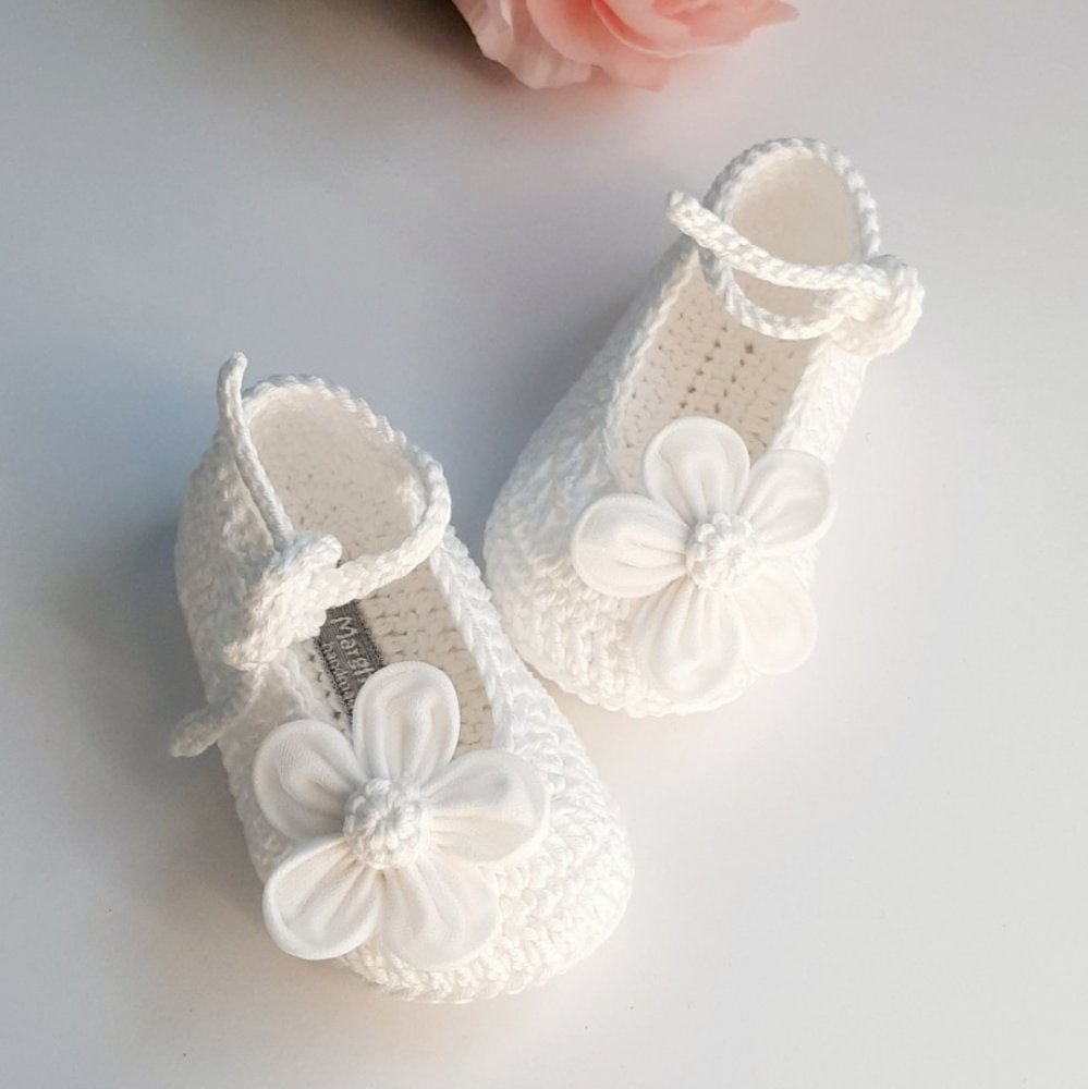 Scarpine bambina - cotone bianco - fiore lino/tulle - fatte a mano - Battesimo - Greta