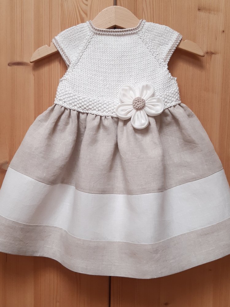 Abito bambina cotone e lino bianco e ecr  - fatto a mano - Battesimo - Arina