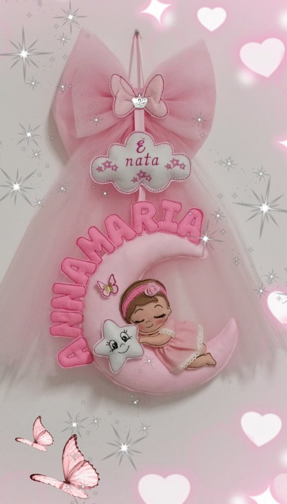 Fiocco nascita in tulle rosa con luna e bambolina