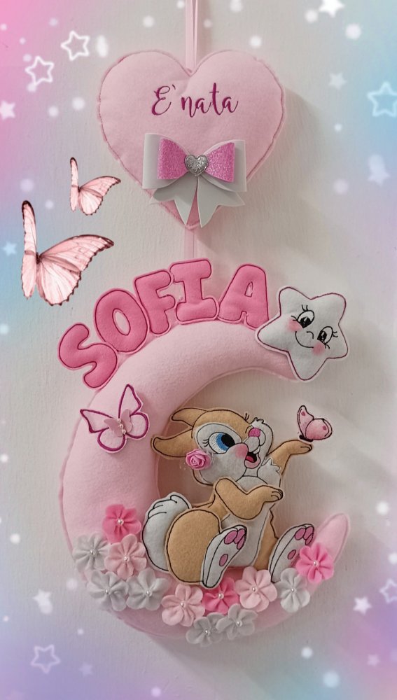 Fiocco nascita personalizzato luna  con coniglietta  fiori e farfalle