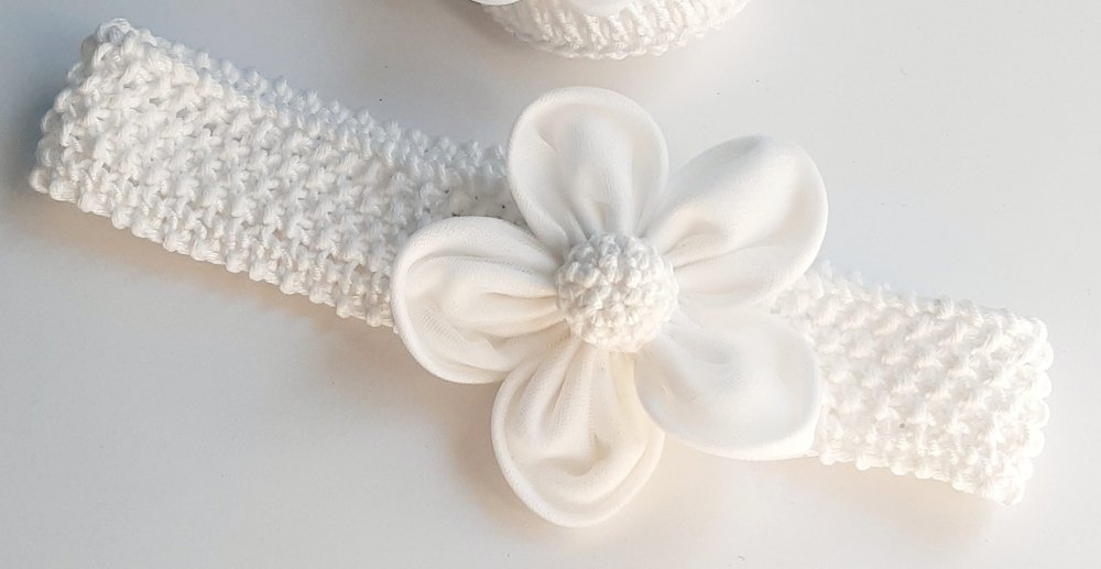 Fascetta bambina - cotone bianco - fiore lino/tulle - fatte a mano - Battesimo - Greta