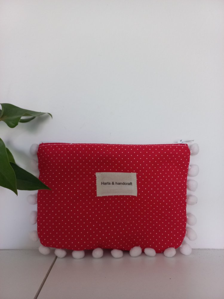 Borsetta pochette in cotone pois bianchi zip e Pompon fatto a mano