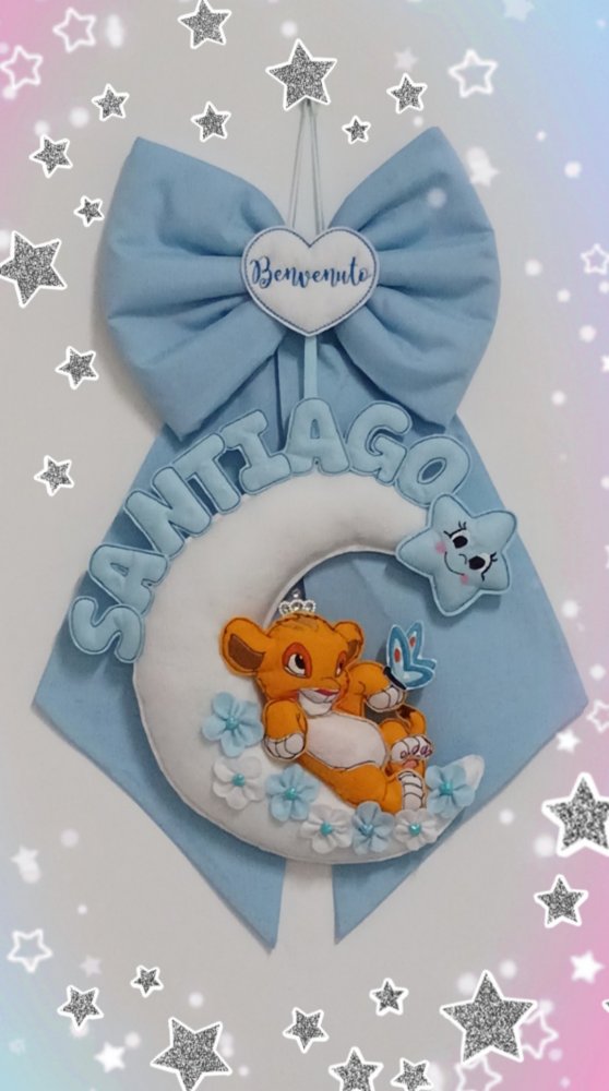 Fiocco nascita bimbo  in tessuto e pannolenci  con leoncino simba 