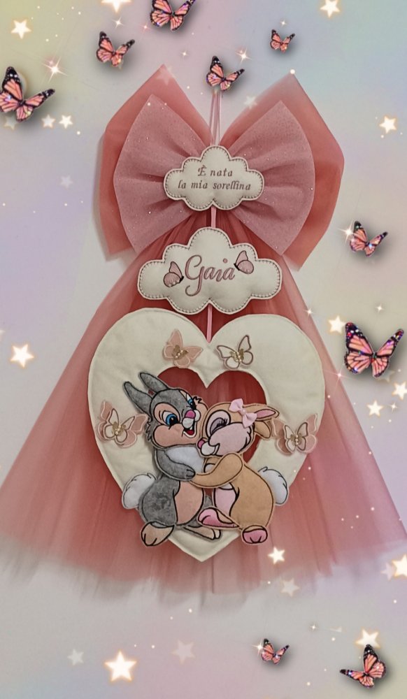 Fiocco nascita in tulle rosa antico con coppia di coniglietti