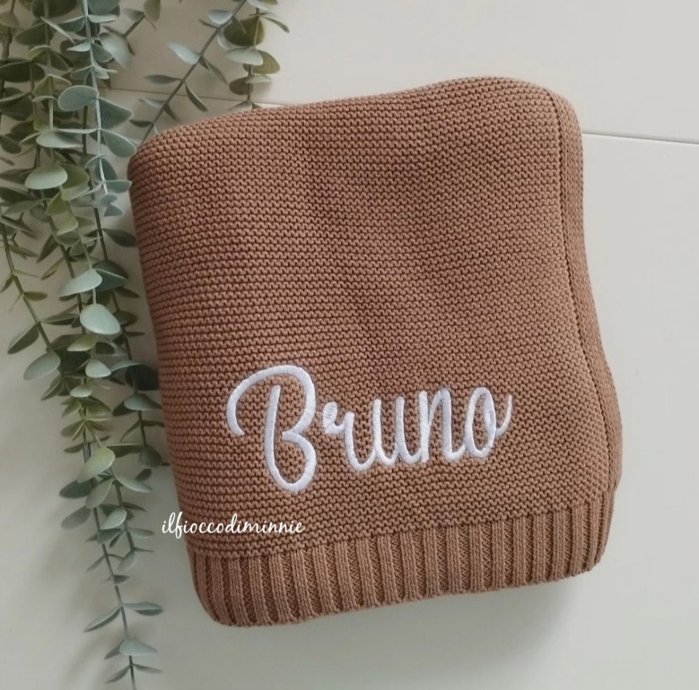 Copertina in maglia di cotone con nome ricamato, copertina nascita, copertina da culla personalizzata