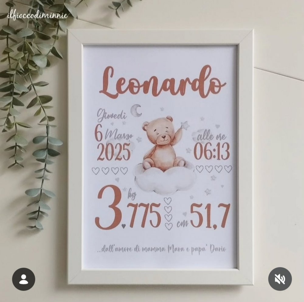 Quadretto nascita personalizzato in cornice bianca