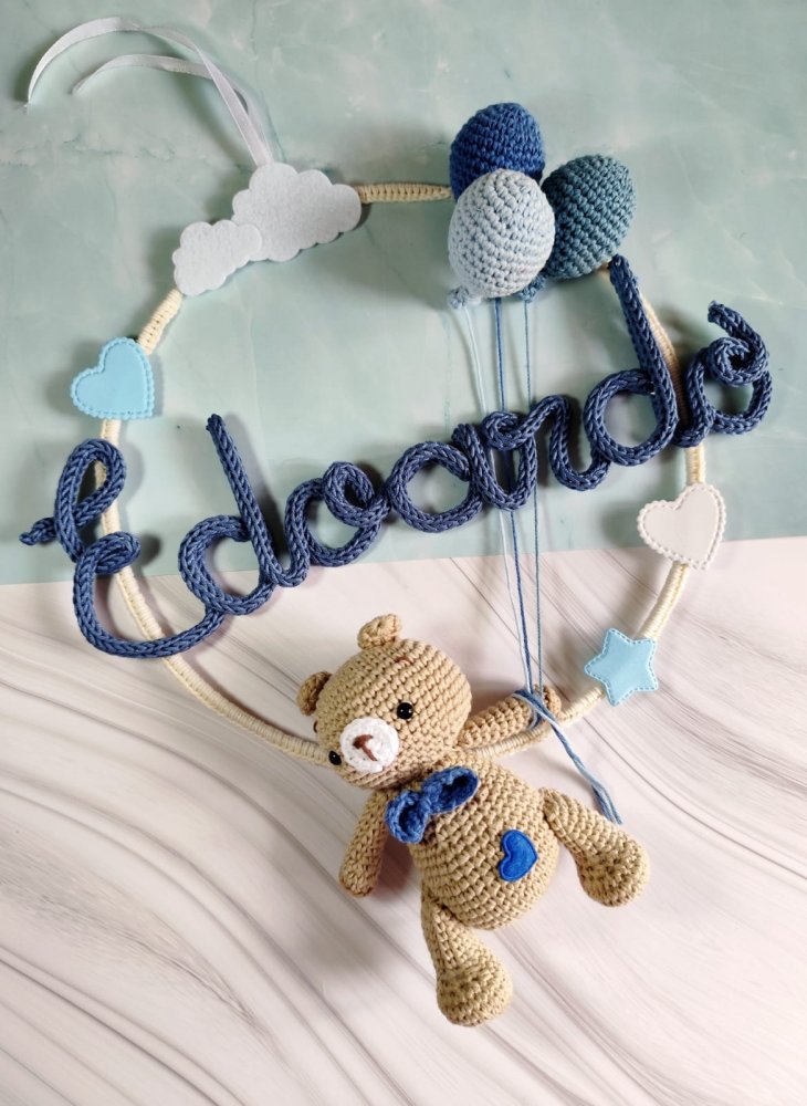 Fiocco nascita orsetto sospeso con palloncini, Fiocco nascita nome tricotin, Regalo Baby Shower, Decorazione cameretta