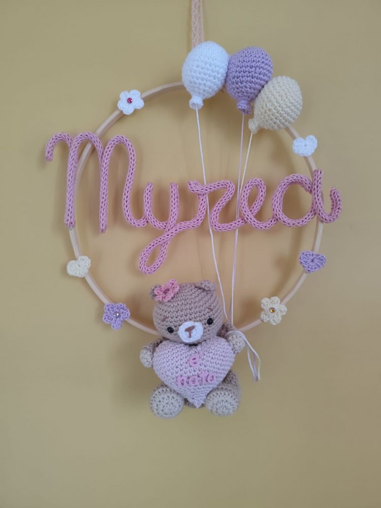 Fiocco nascita orsetta con cuore, Fiocco nascita nome tricotin, Decorazione cerchio nascita uncinetto, Regalo per nascita bambina/o