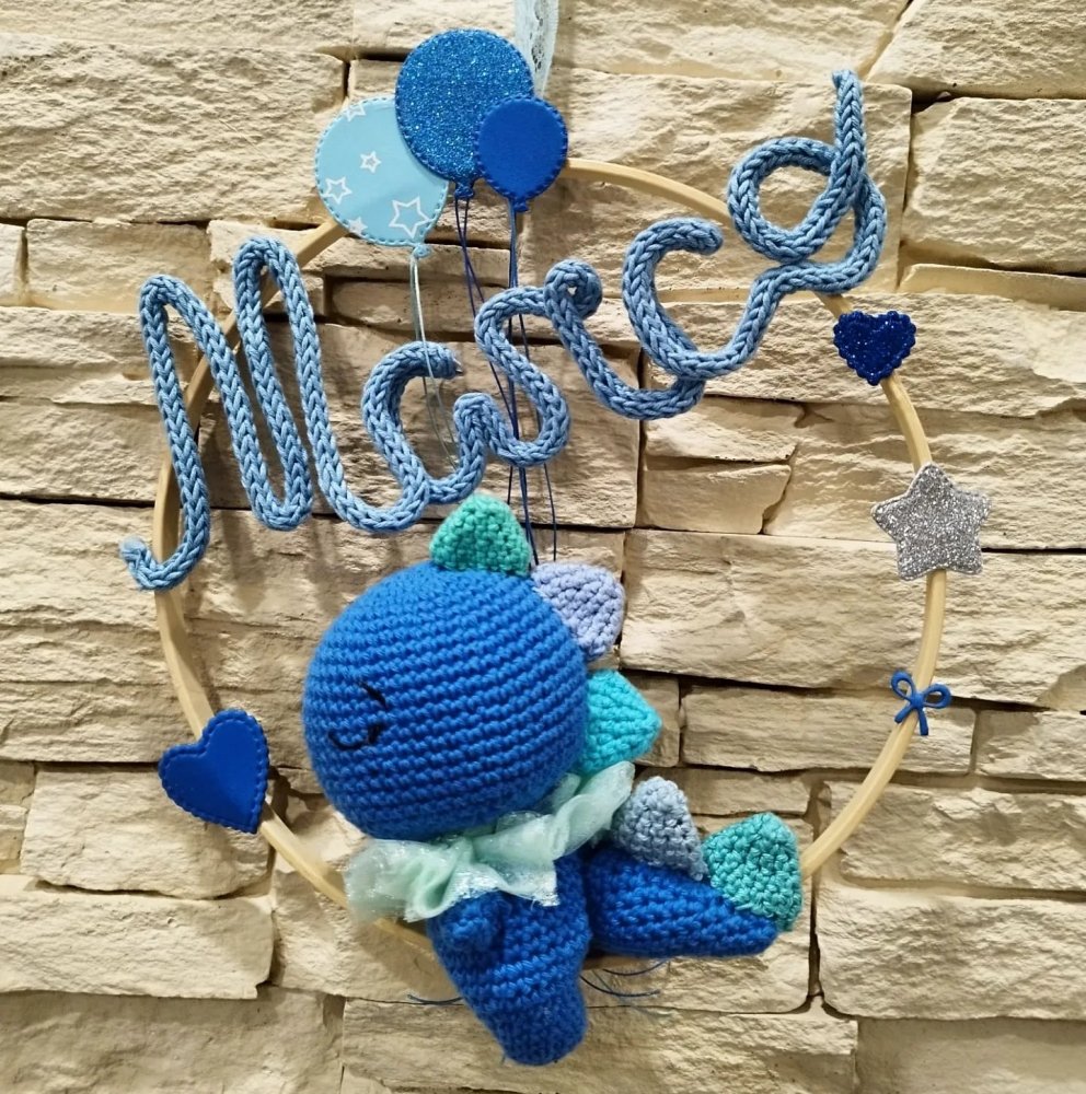 Fiocco nascita draghetto uncinetto, Nome tricotin, Decorazione stanza, Draghetto e palloncini, Fiocco nascita neonato personalizzabile