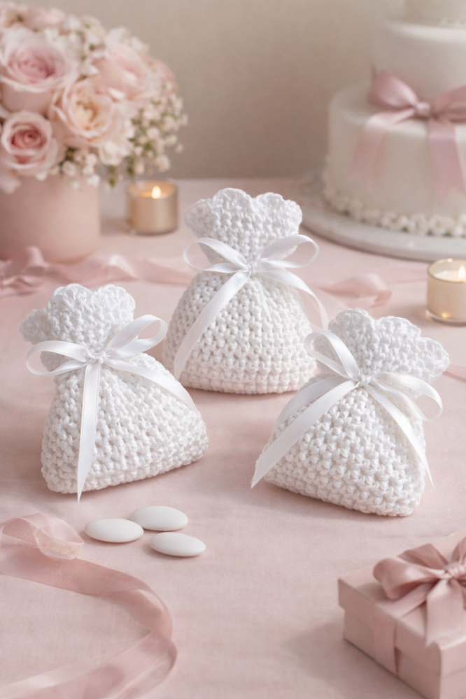 Sacchettino bomboniera all'uncinetto in cotone bianco - Battesimo - Comunione - Matrimonio