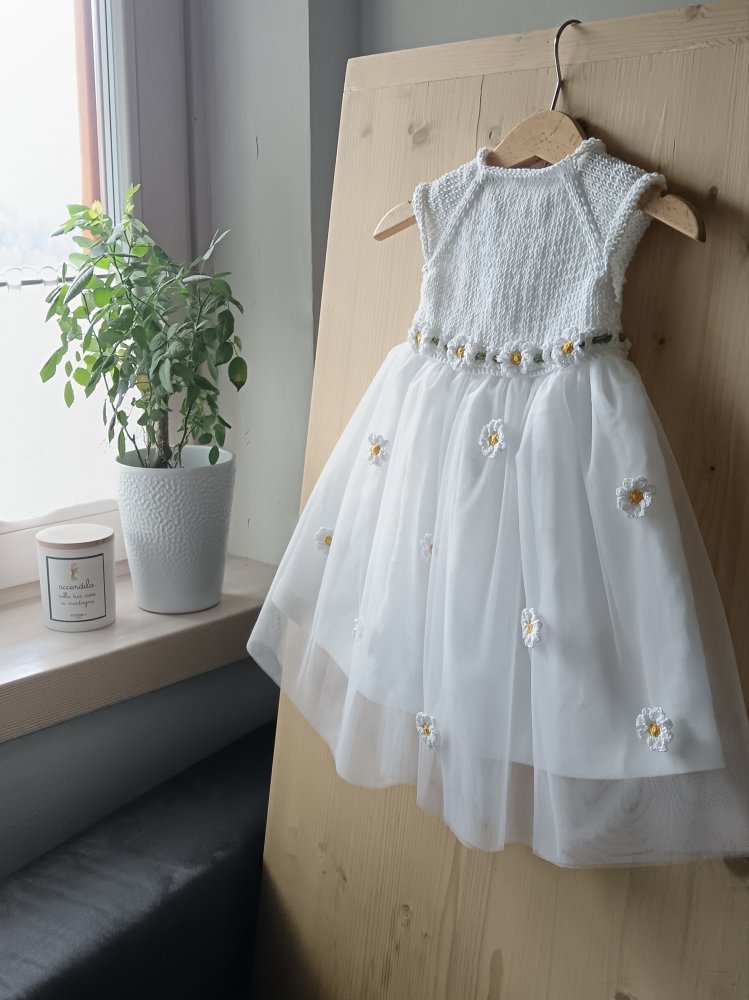Abito bambina in cotone lino e tulle con margheritine all'uncinetto - Battesimo - Daisy
