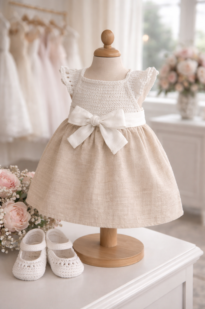 Abito bambina in cotone  e lino ecru con fiocco bianco -  - Battesimo - Luna