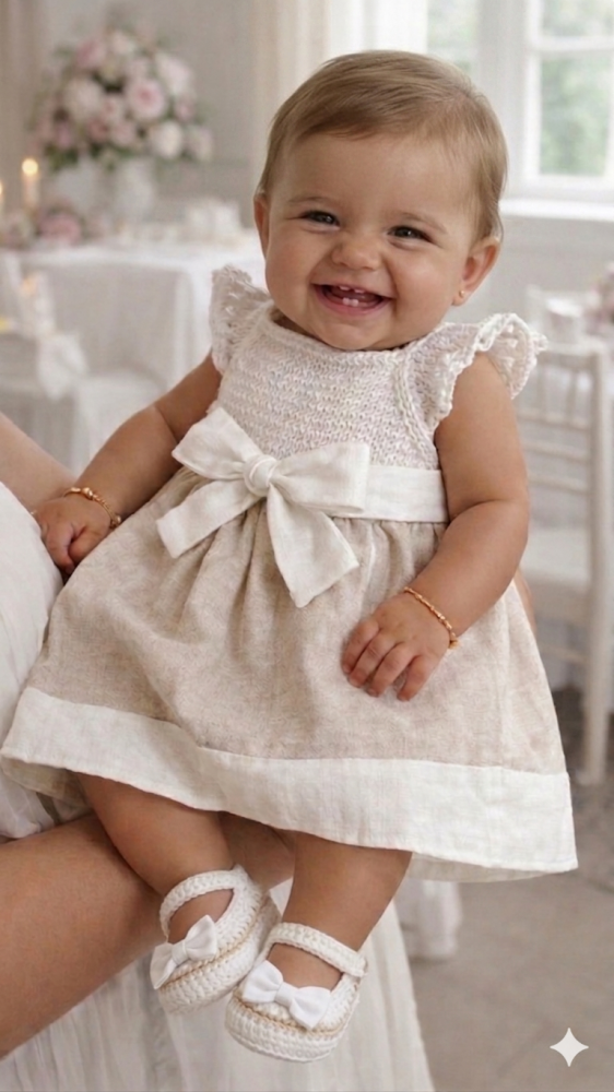 Abito bambina in cotone  e lino ecru con fiocco bianco -  - Battesimo - Mia