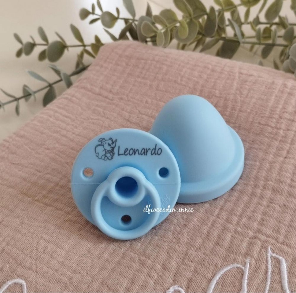Ciuccio in silicone azzurro pastello personalizzabile con nome e immagine