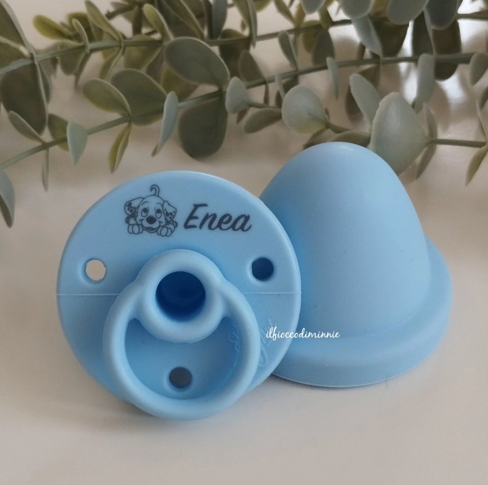 Ciuccio ROUND in silicone azzurro pastello personalizzabile con nome e immagine, succhietto neonato disney