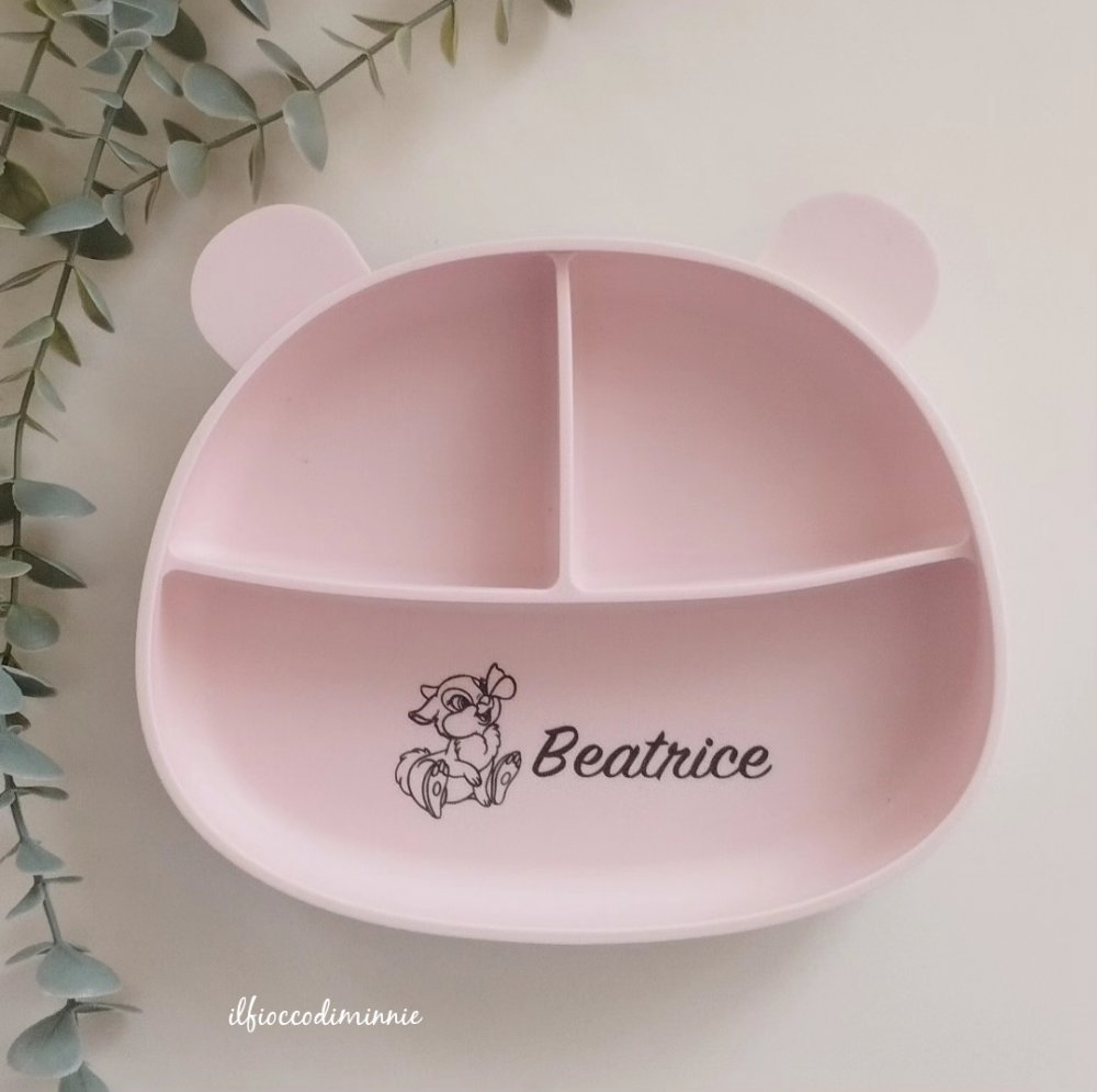 Piatto ORSETTO in silicone ROSA BOROTALCO, personalizzabile con nome e personaggio