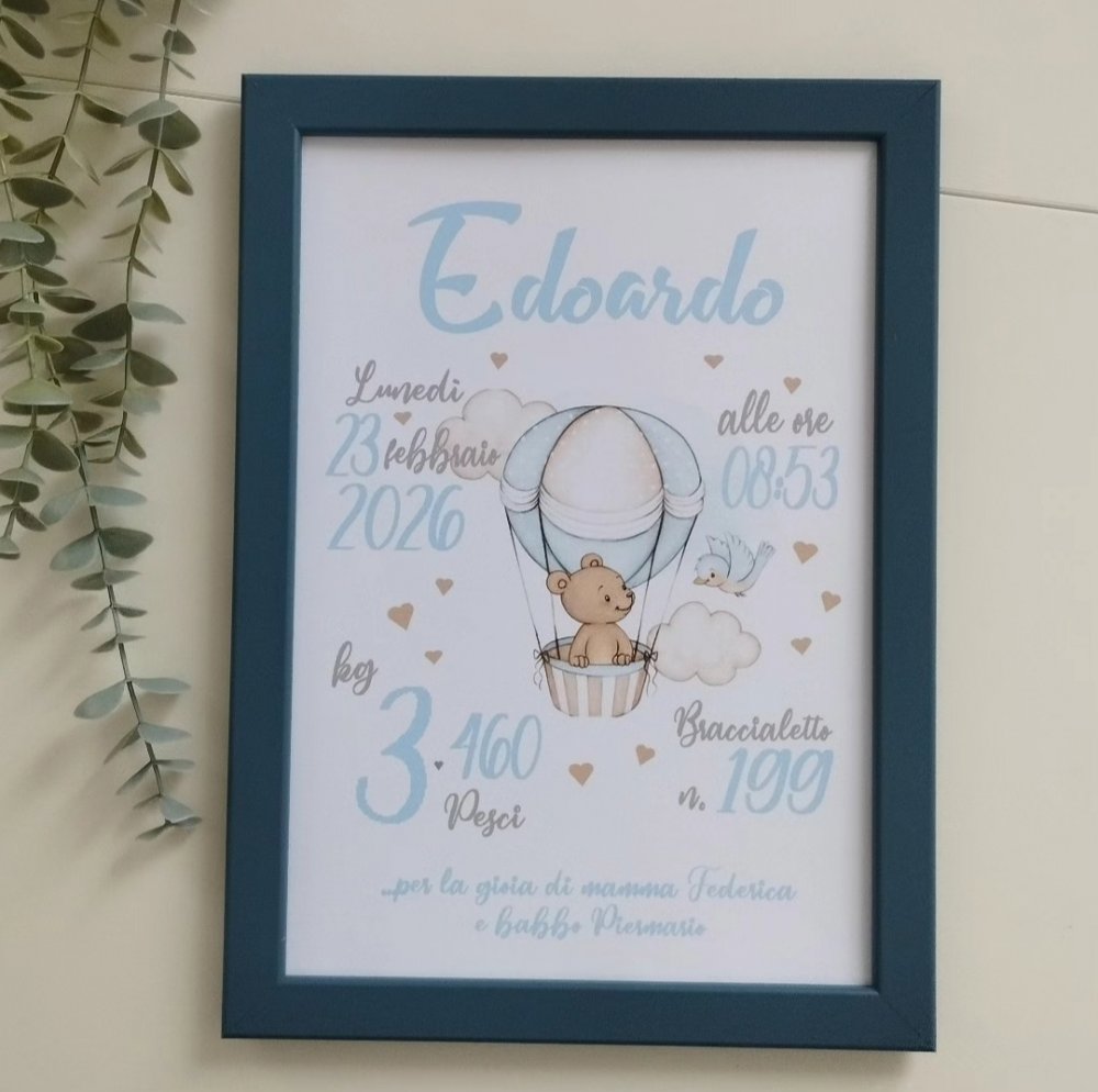 Quadretto nascita personalizzato in cornice BLU
