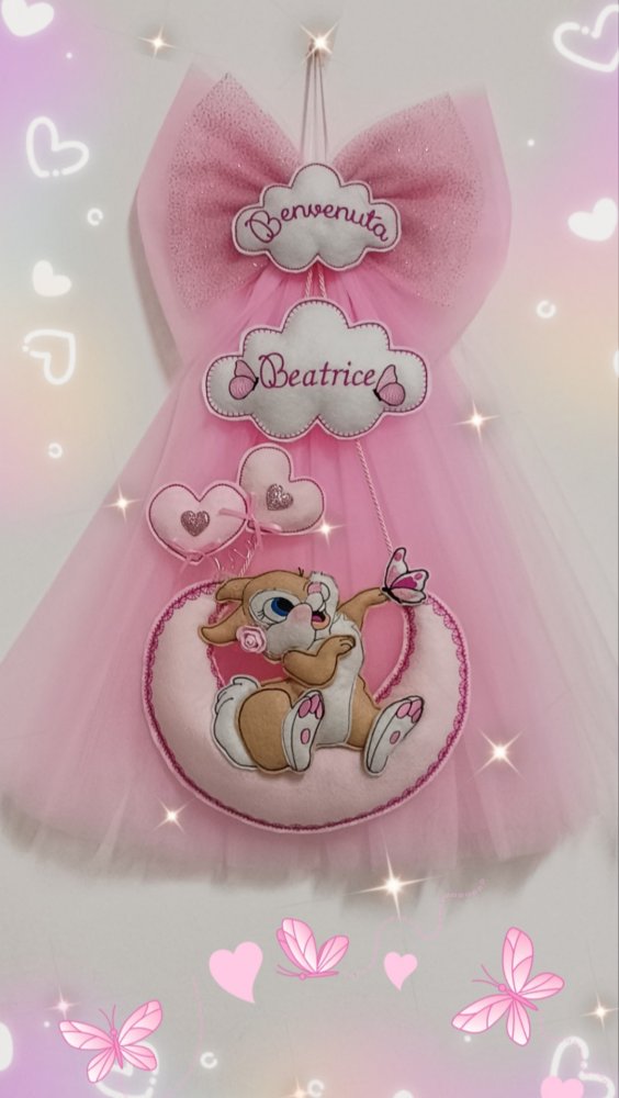 Fiocco nascita in tulle rosa e tamburina  nella luna.