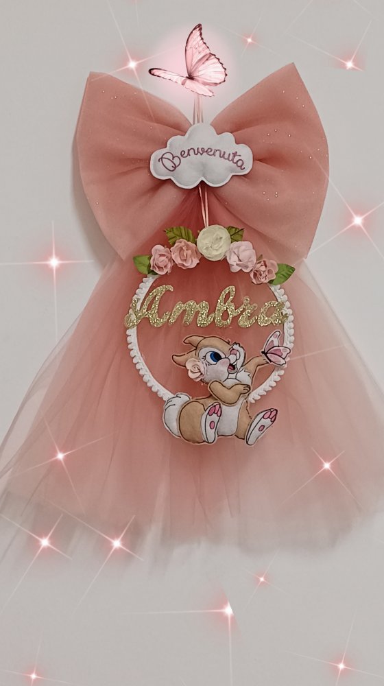 Fiocco nascita  in tulle con tamburina e fiori  sul cerchio, nome colore oro glitter