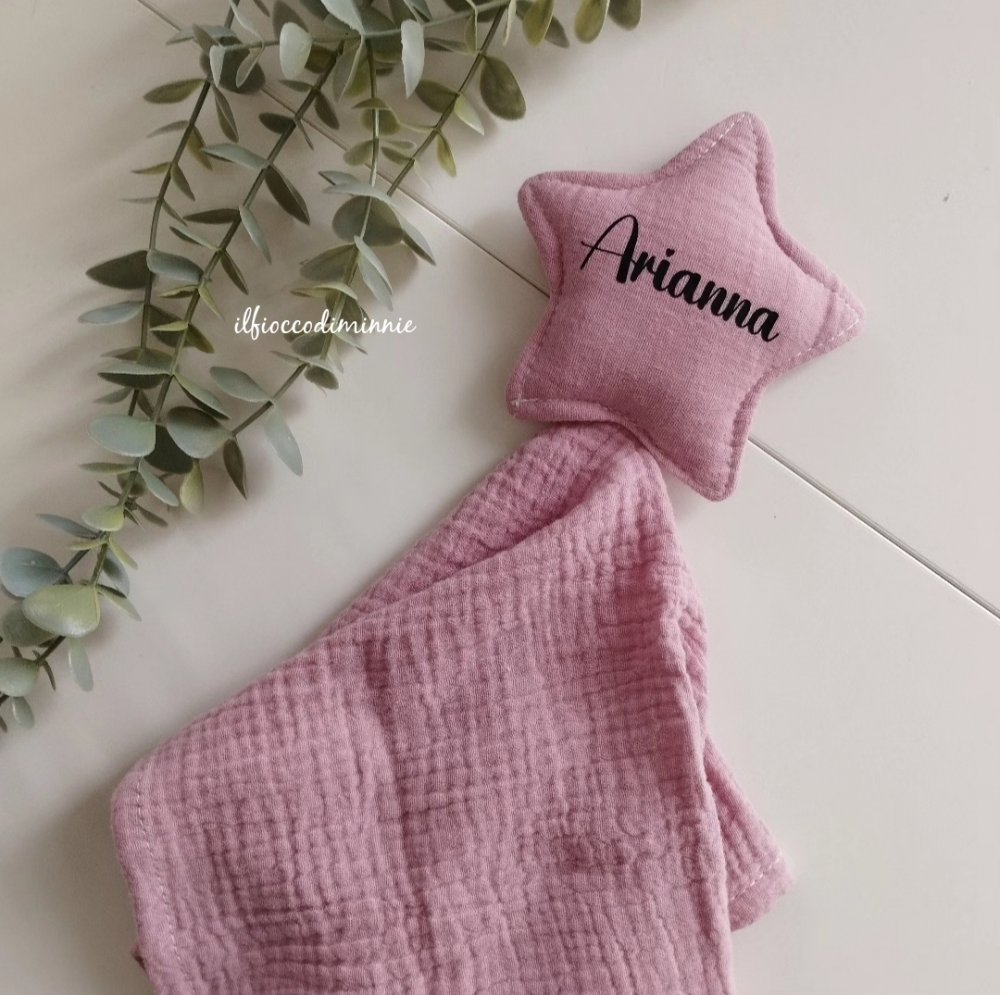 Doudou STELLA in mussola di cotone colorazione BLUSH, personalizzabile con nome