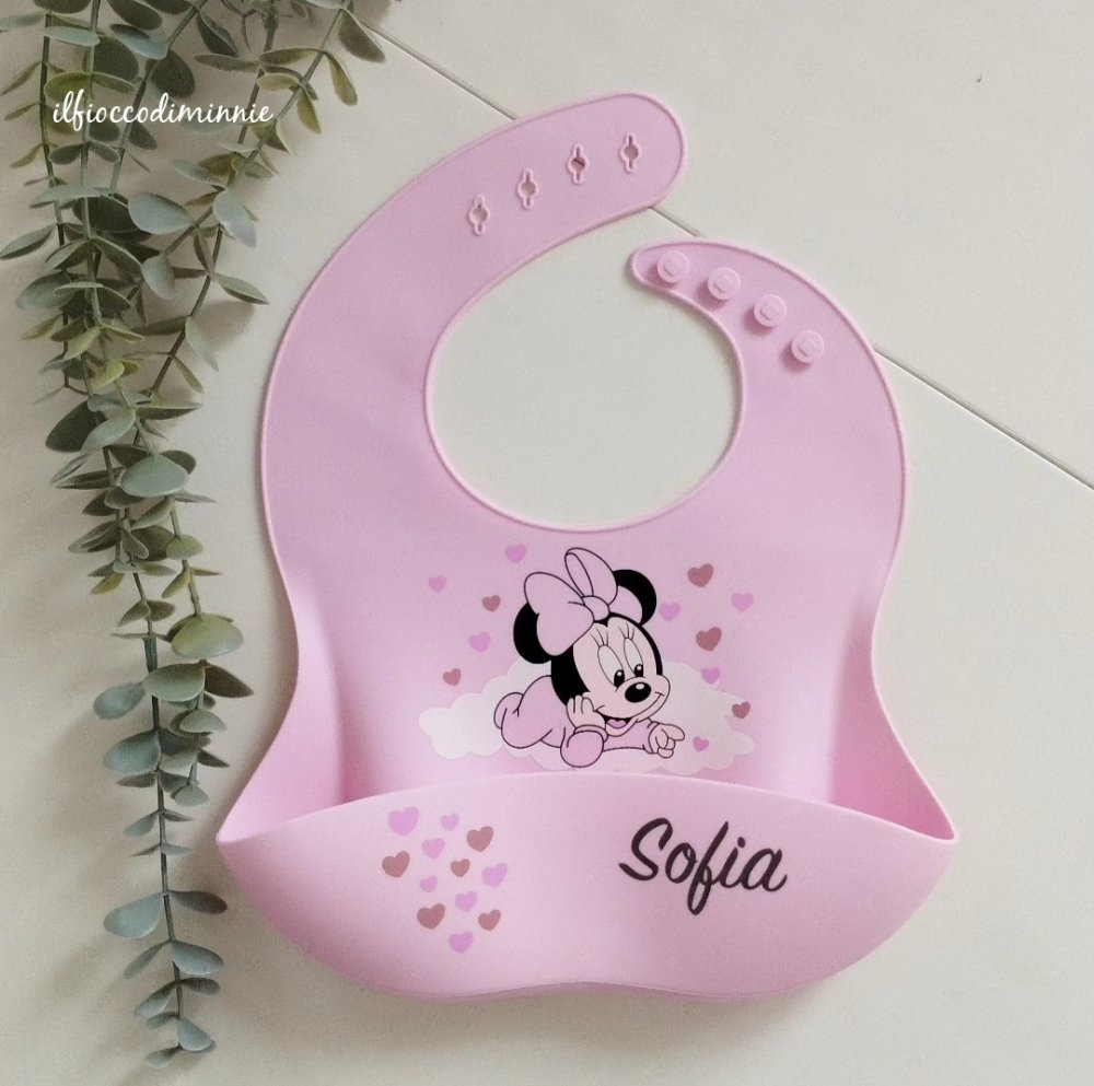 Bavaglino in silicone con stampa MINNIE rosa chiaro personalizzabile con nome