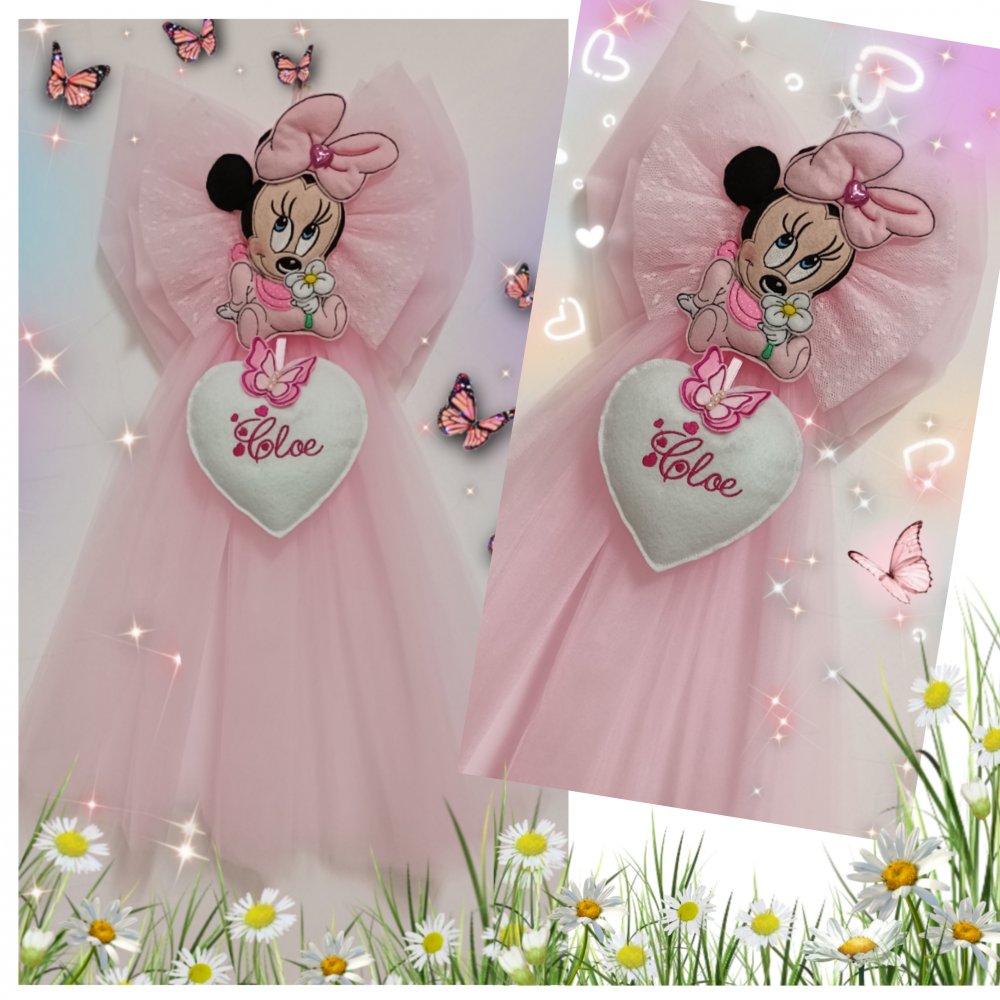 Fiocco nascita  in tulle con Minnie e Cuore personalizzato