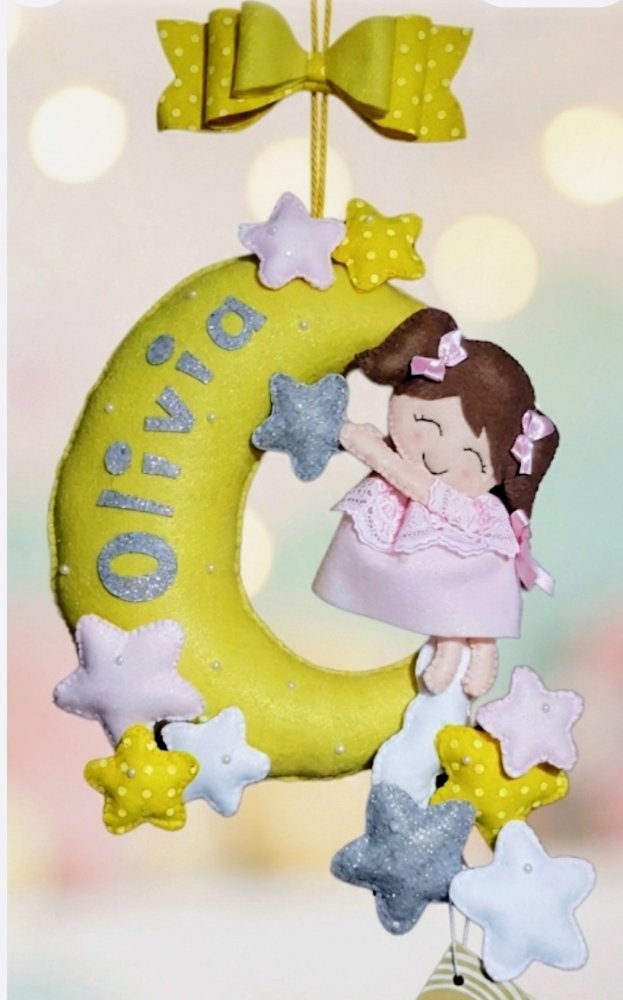  Fiocco Nascita Luna e Bimba in pannolenci con Stelle - Personalizzabile anche da bimbo Pu� essere rifinito in alto con il classico fiocco in coordinato oppure, su richiesta, con un grande e soffice fiocco in tulle e nome con la tecnica tricotin.